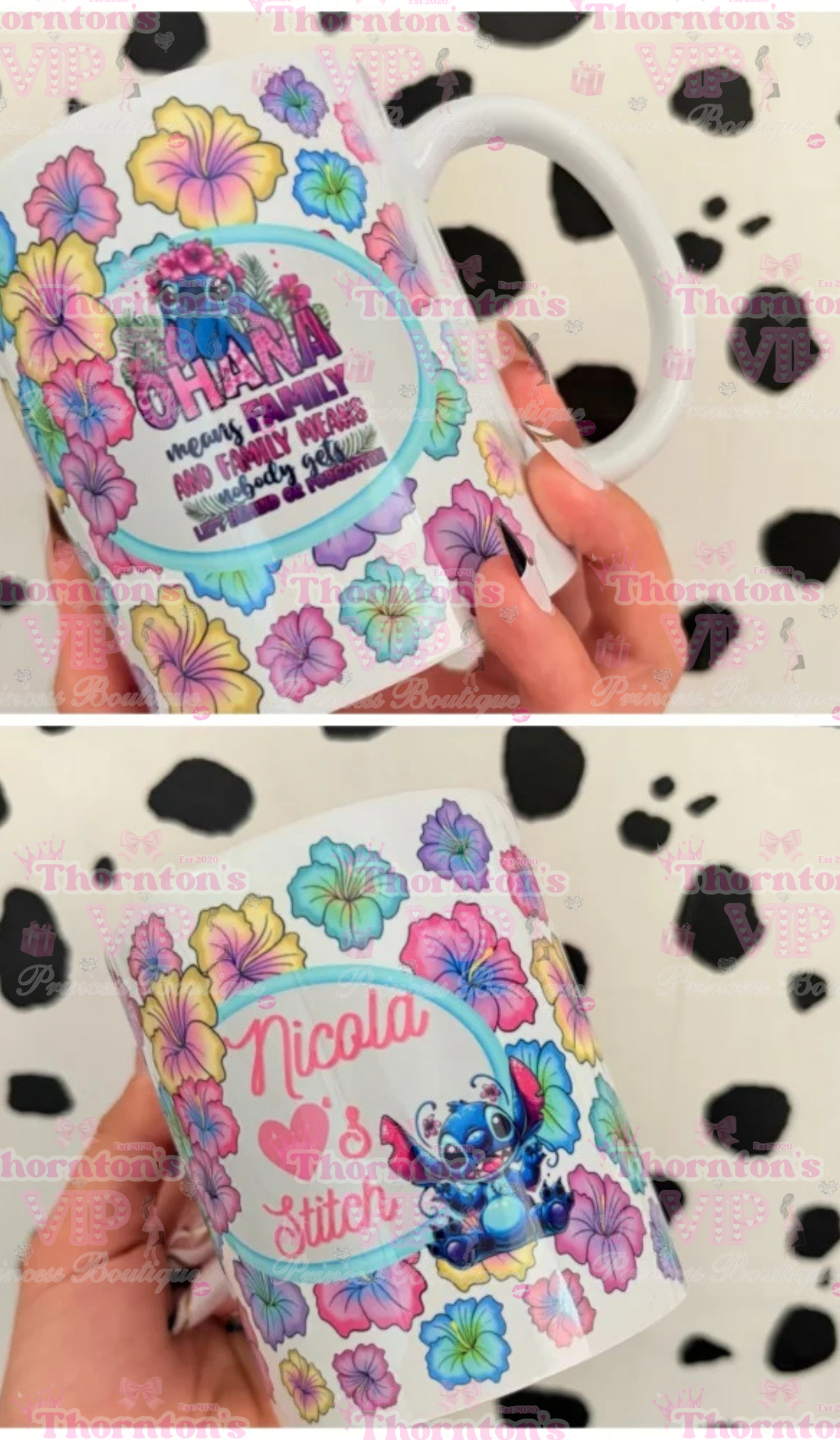 Ohana-Inspired Floral Mug – 11oz Personalised Gift | Cute Blue Alien Design | Family Quote & Tropical Flowers