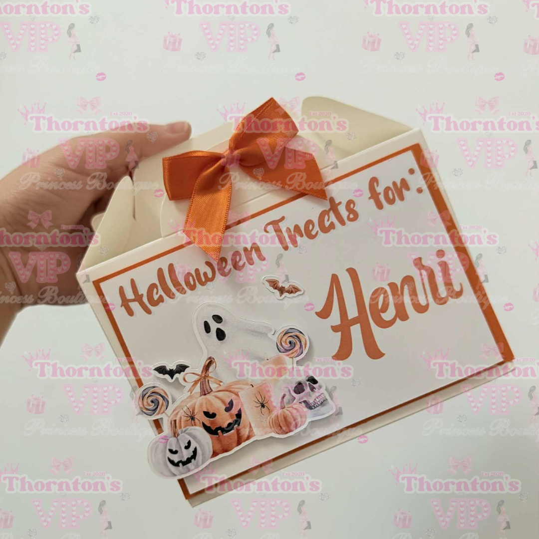 Personalised Halloween Treat Boxes with Bow – Flat Packed Party Favour Boxes in Multiple Designs