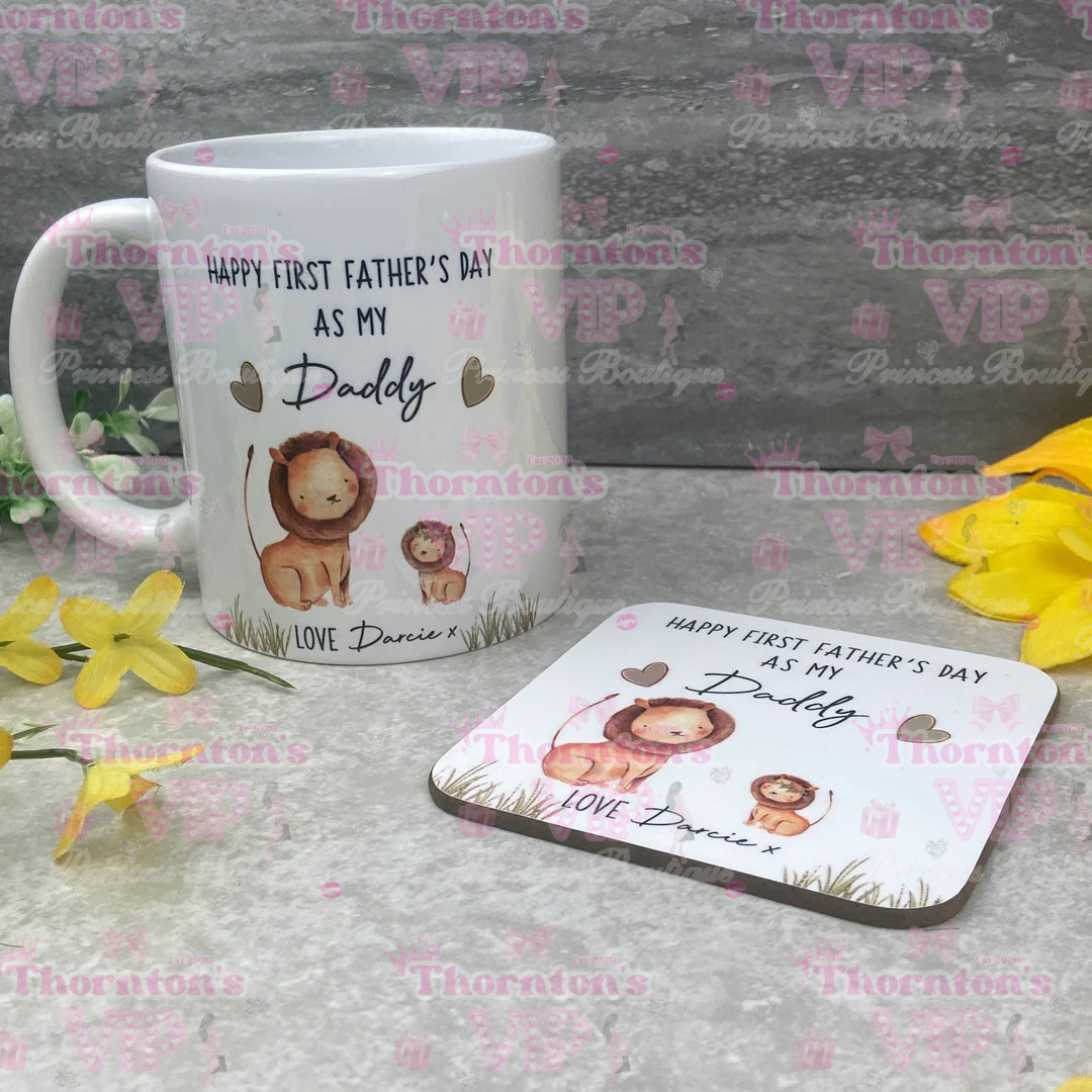 Personalised First Father’s Day Mug And Coaster Set – Lion Design Gift From Baby
