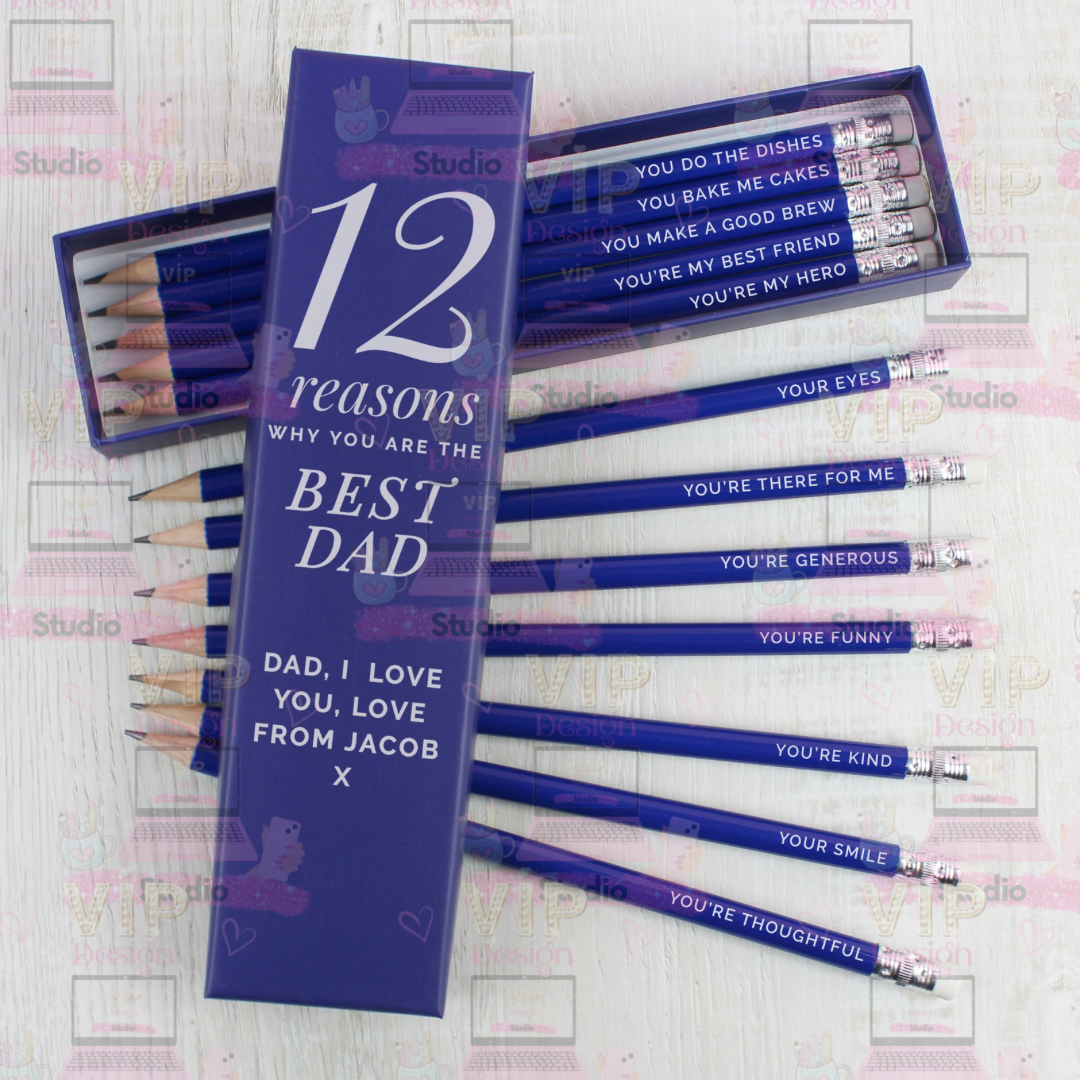 Personalised 12 Reasons Why I Love You Pencil Set – Custom Blue HB Pencils Father’s Day Gift