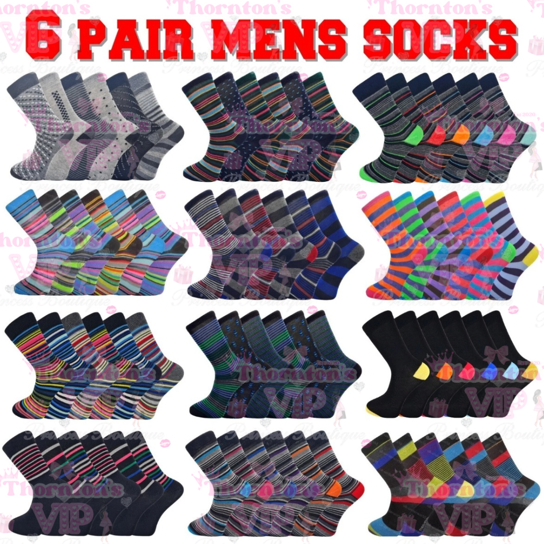 Men’s 6 Pack Socks – 12 Unique Colour & Pattern Sets | UK Size 6–11 | TVPB’s Prince Collection