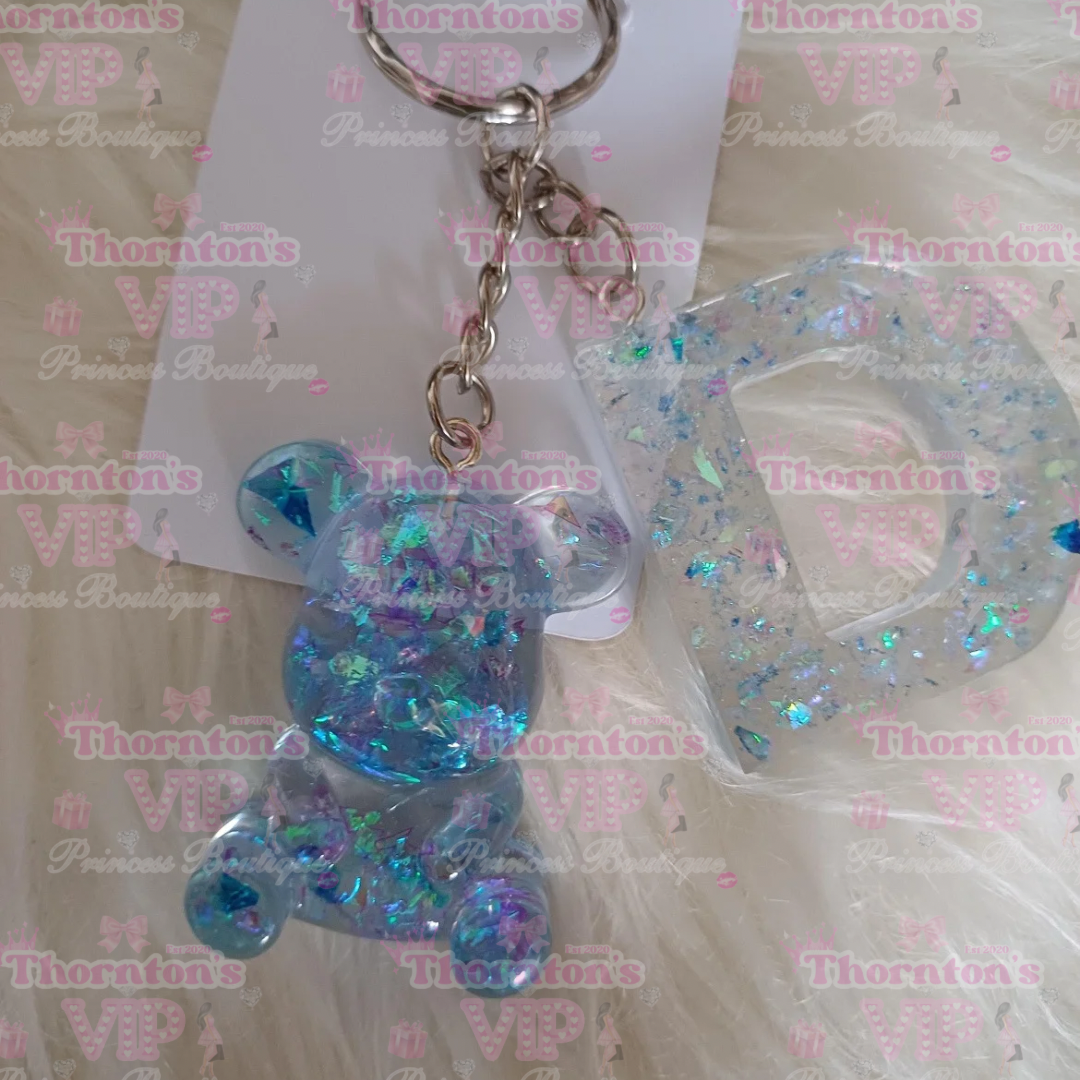 Personalised Glittery Resin Bear Initial Keyring – Custom Letter Charm Bag Accessory