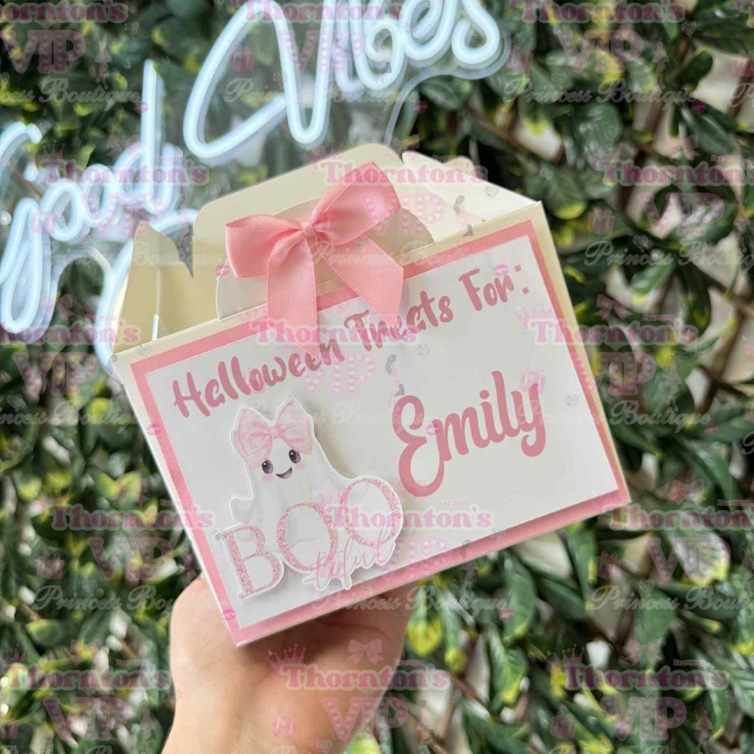 Personalised Halloween Treat Boxes with Bow – Flat Packed Party Favour Boxes in Multiple Designs