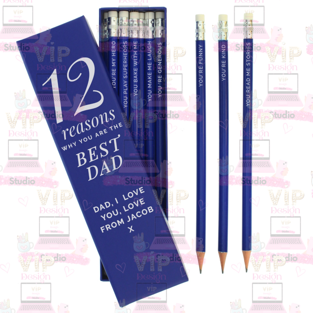 Personalised 12 Reasons Why I Love You Pencil Set – Custom Blue HB Pencils Father’s Day Gift