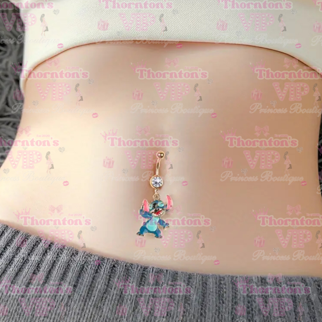 Blue Alien-Inspired Belly Button Ring – Cute Cartoon Style Navel Piercing