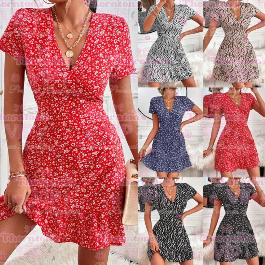 Women’s Floral Boho Mini Dress – Summer Beach Holiday Swing Sundress Kaftan Style