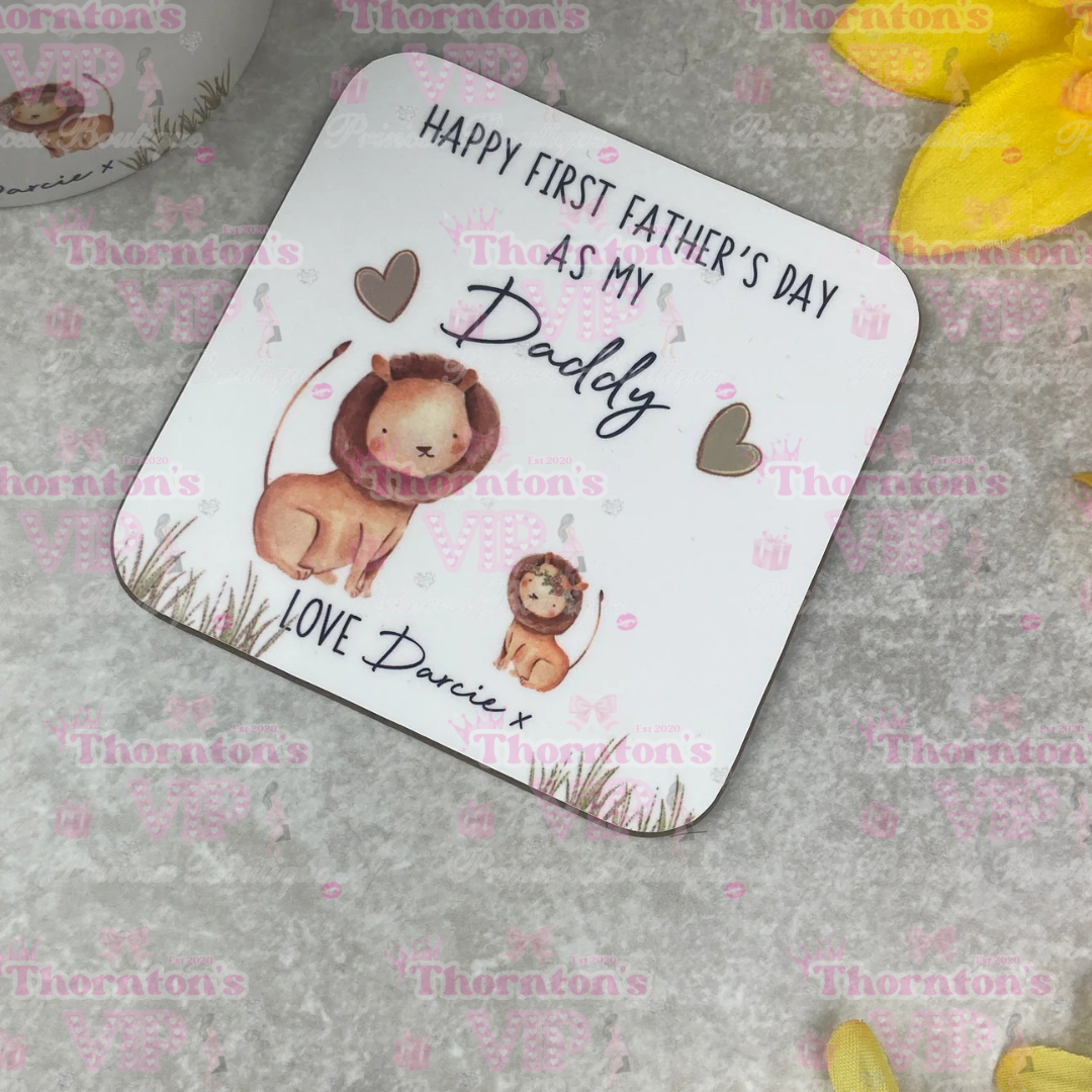Personalised First Father’s Day Mug And Coaster Set – Lion Design Gift From Baby