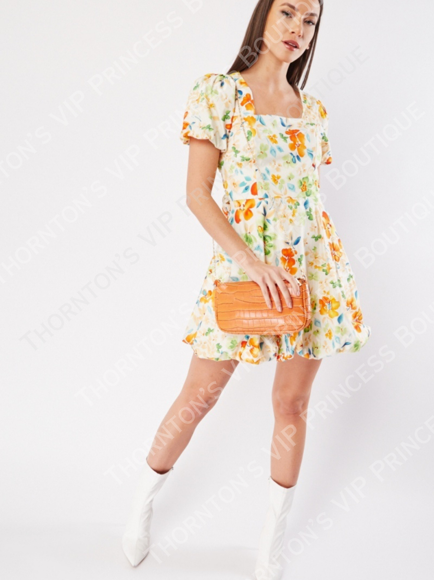Floral Square Neck Puff Hem Dress