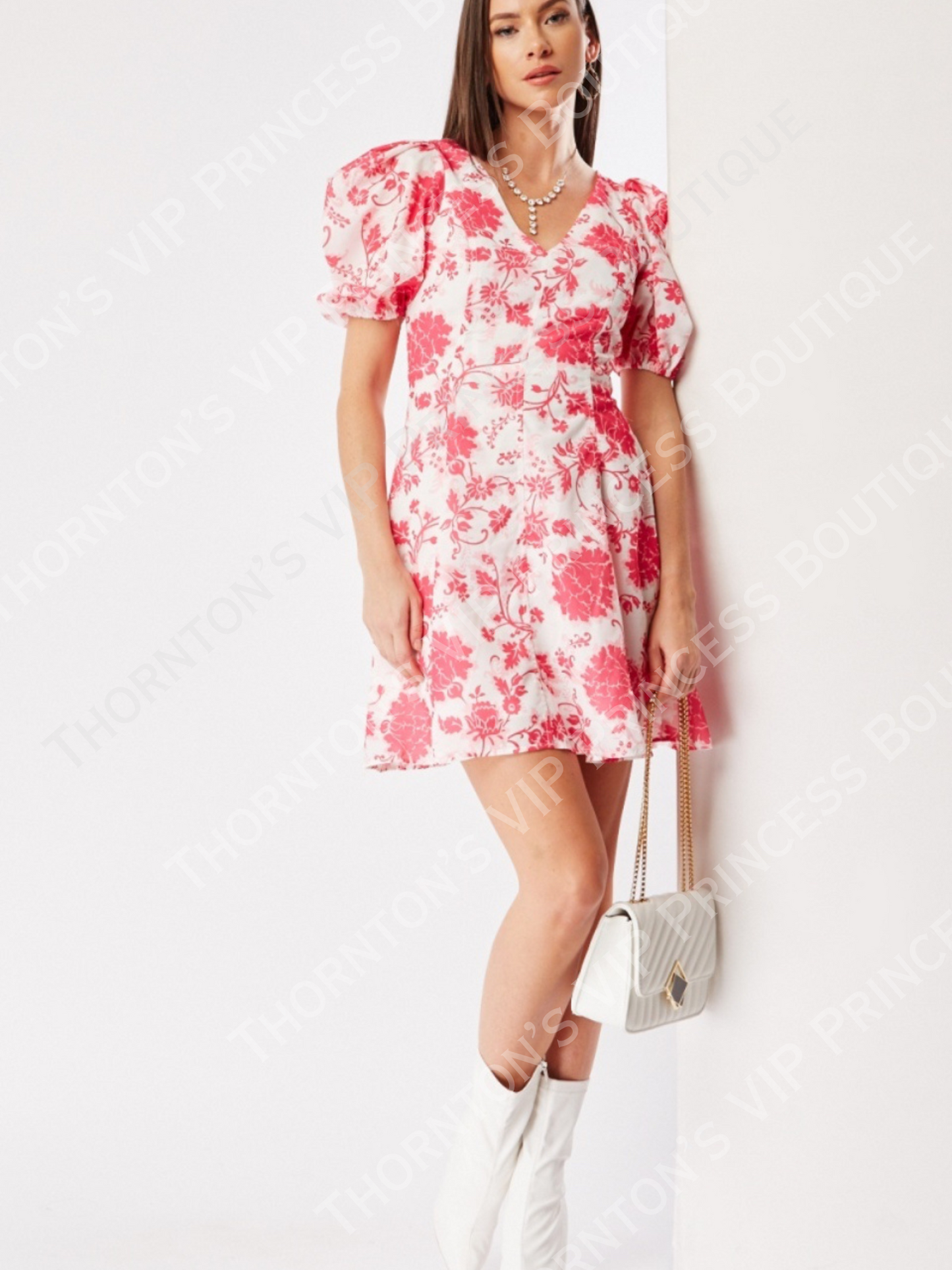 V-Neck Printed Puff Sleeve Dress