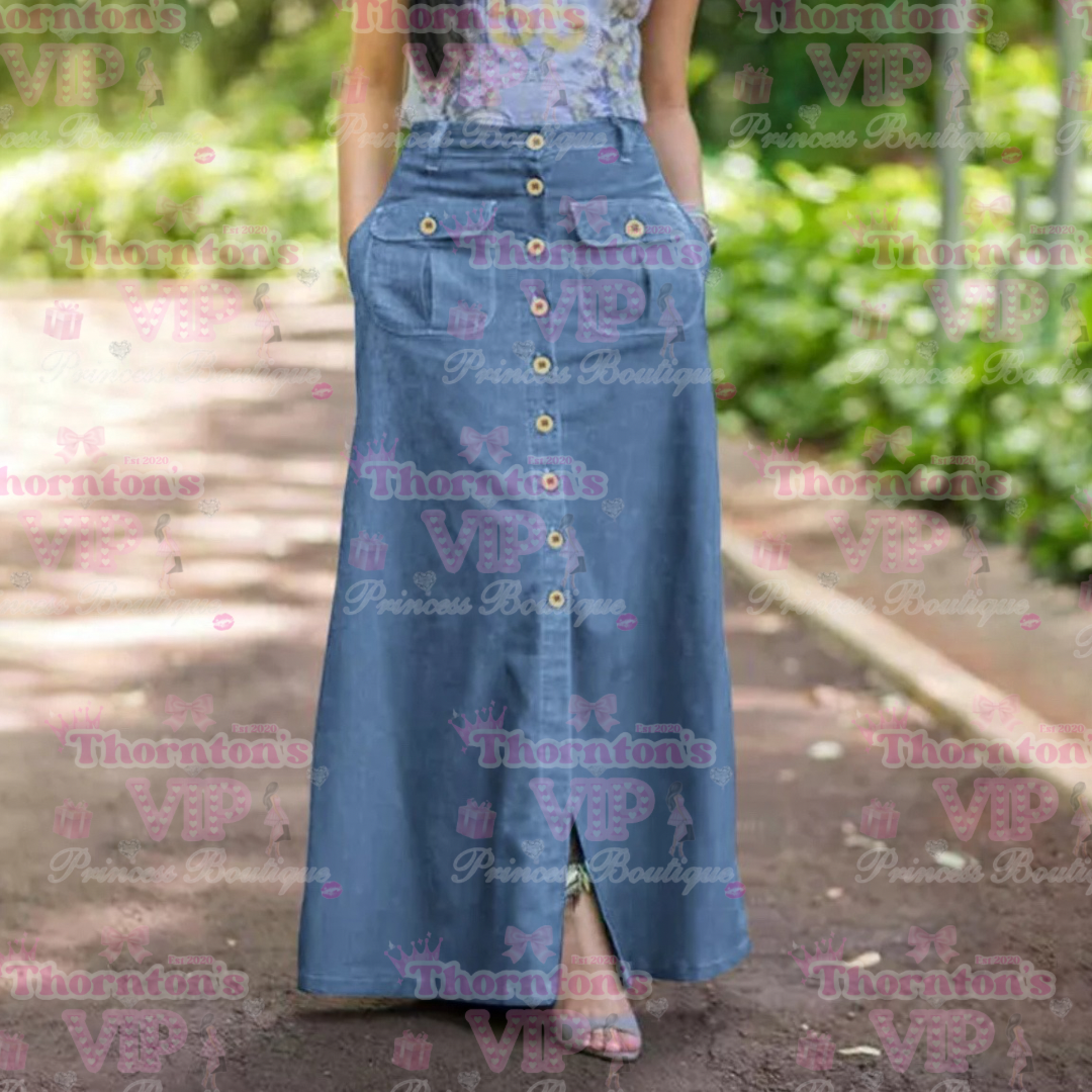Vintage Button Front Long Denim Skirt