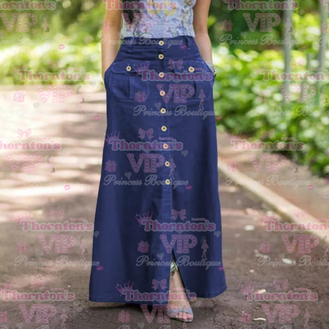 Vintage Button Front Long Denim Skirt