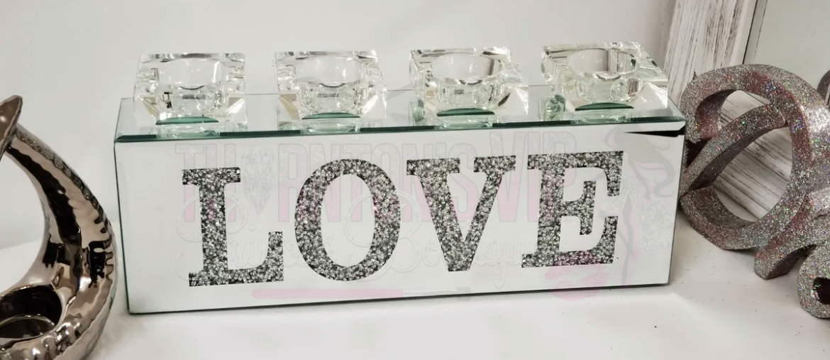 Love Crushed Diamond Mirrored Tealight Candle Holder