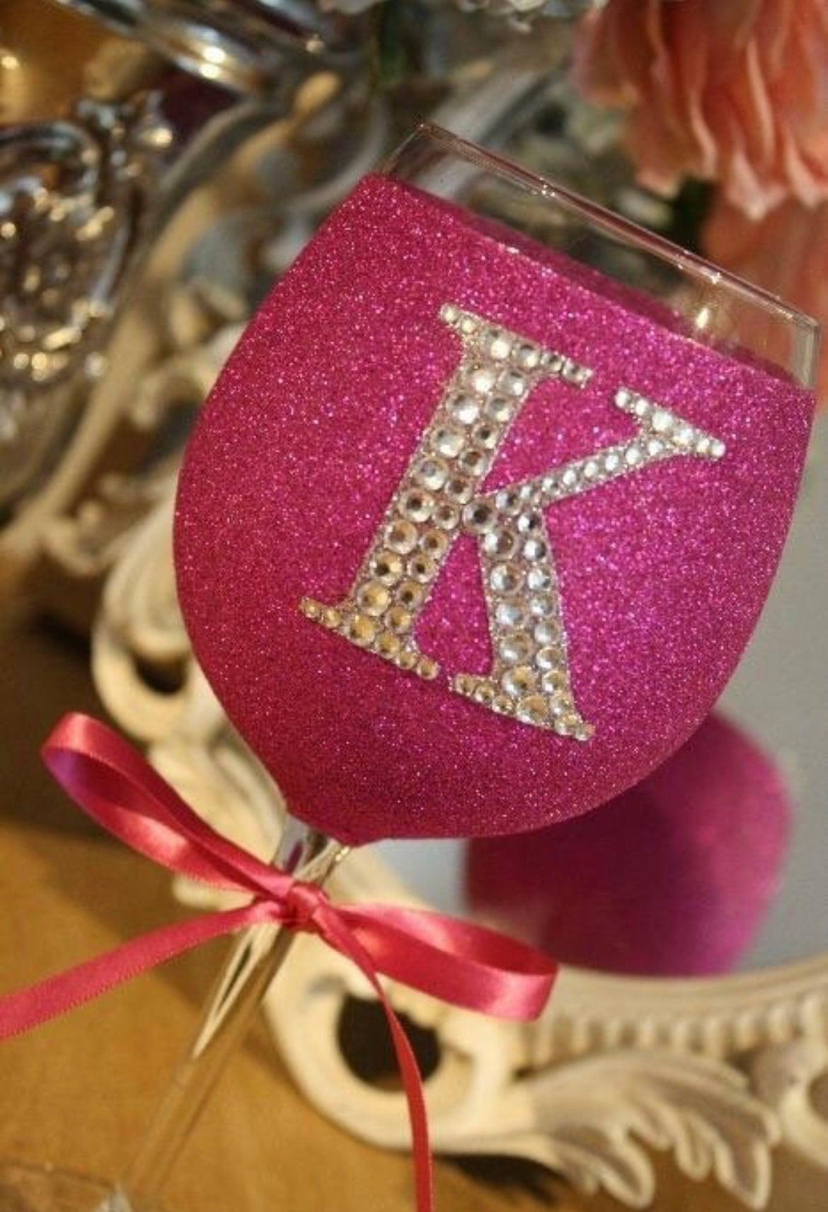 Large Diamanté Initial Glitter Wine Glass