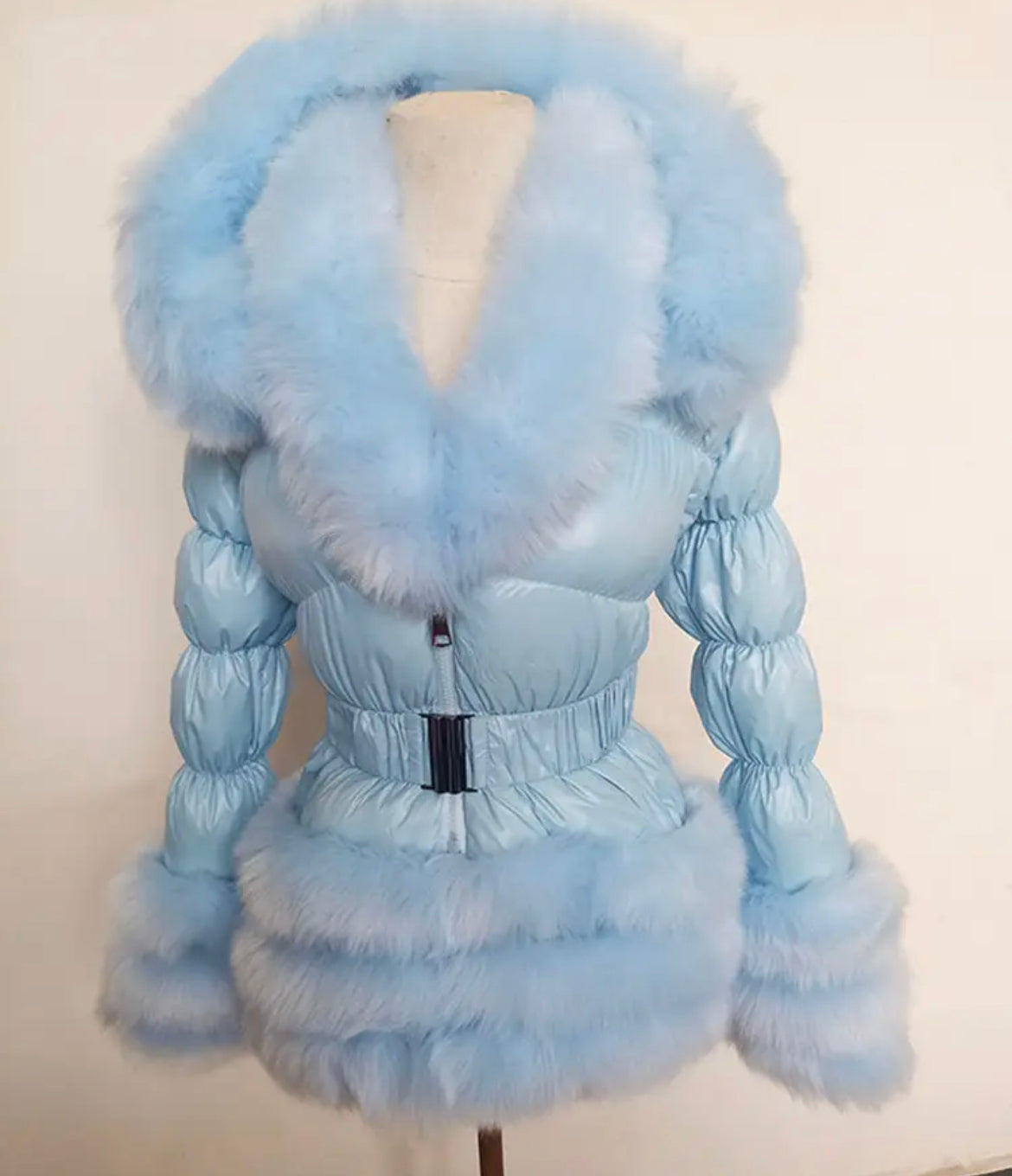 Faux Fur Puffer Belted Romany Style Coat