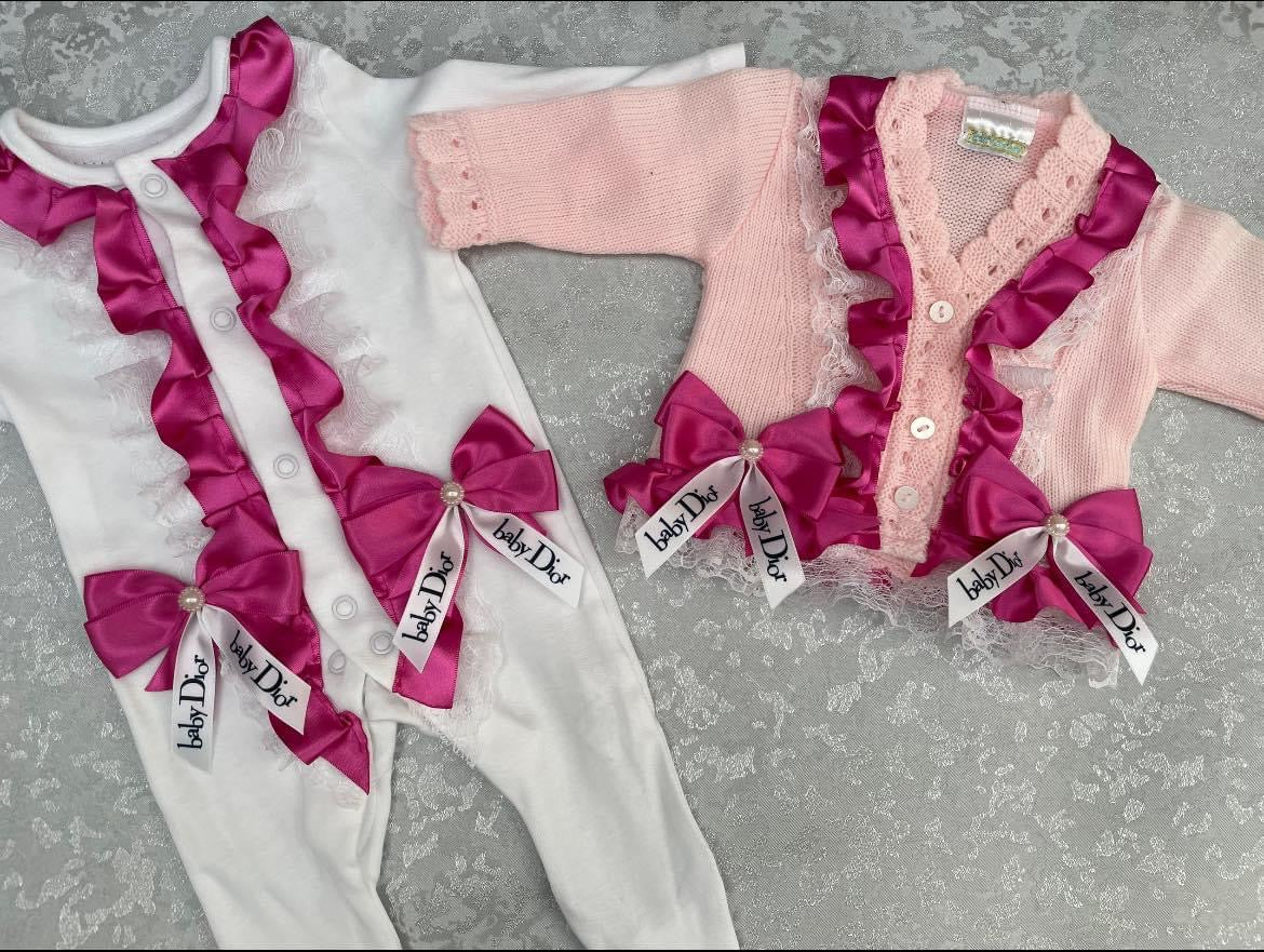 Frilly Pink D Cardigan & Sleepsuit Set