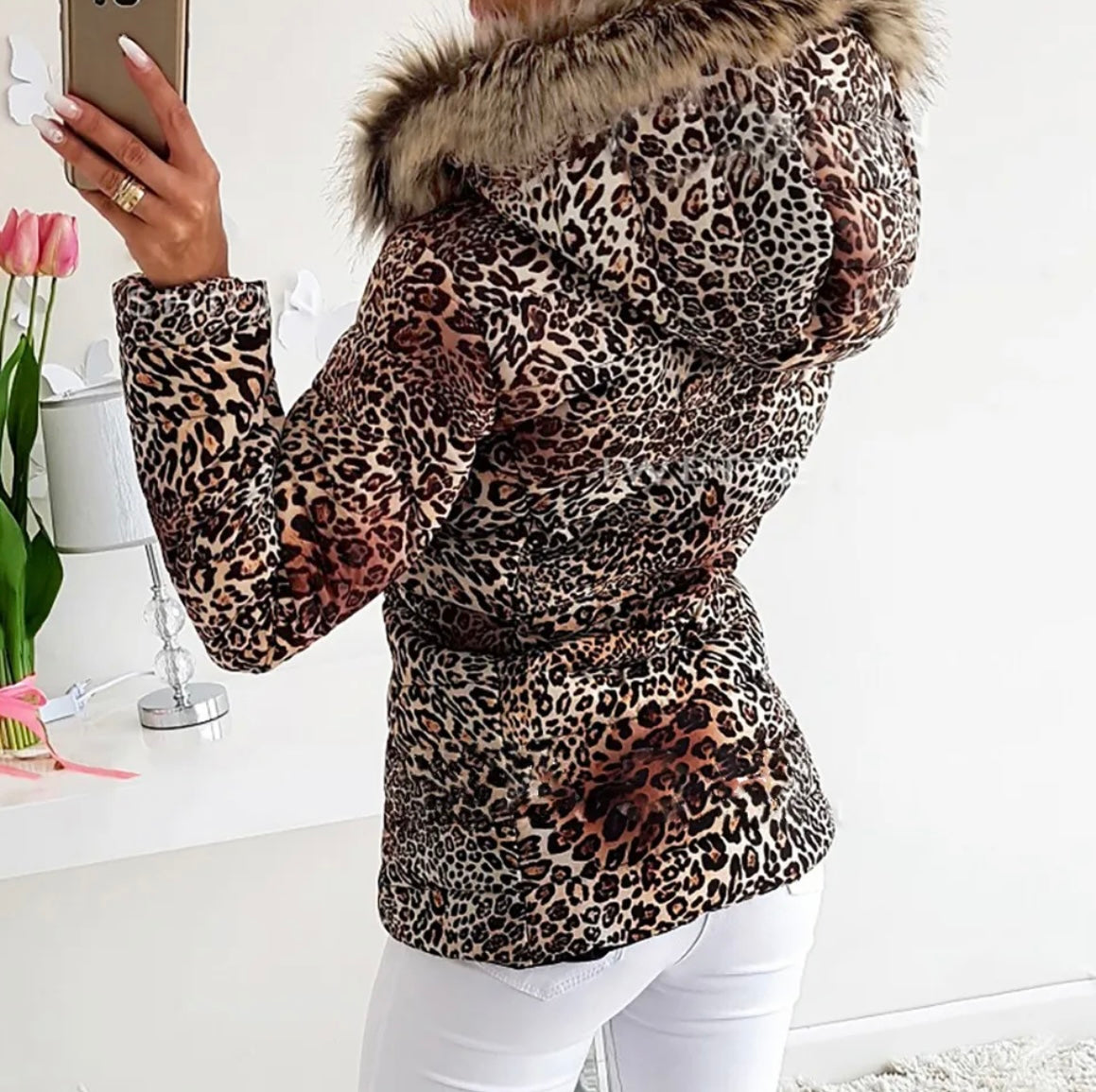 Leopard Print Fur Hooded Coat