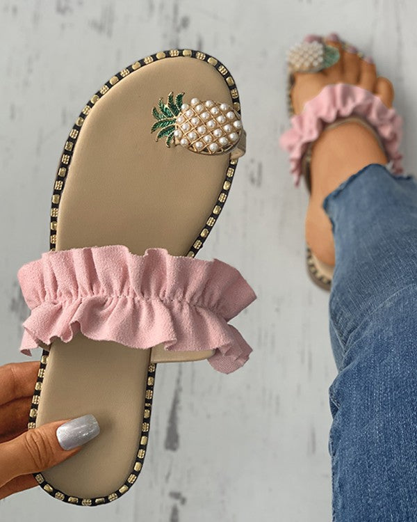 Pineapple Pattern Toe Ring Frill Hem Casual Sandals