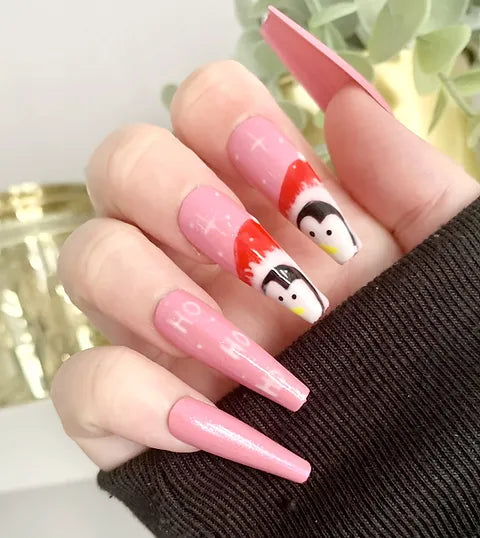 Pink Christmas Penguin Nails