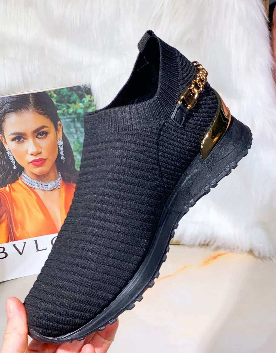 Fashion Knit Gold Chain Slip On Trainers