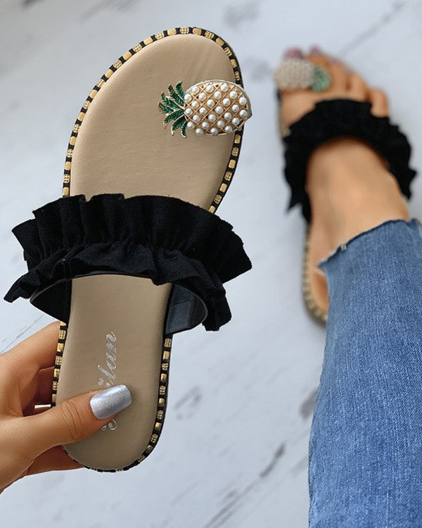 Pineapple Pattern Toe Ring Frill Hem Casual Sandals