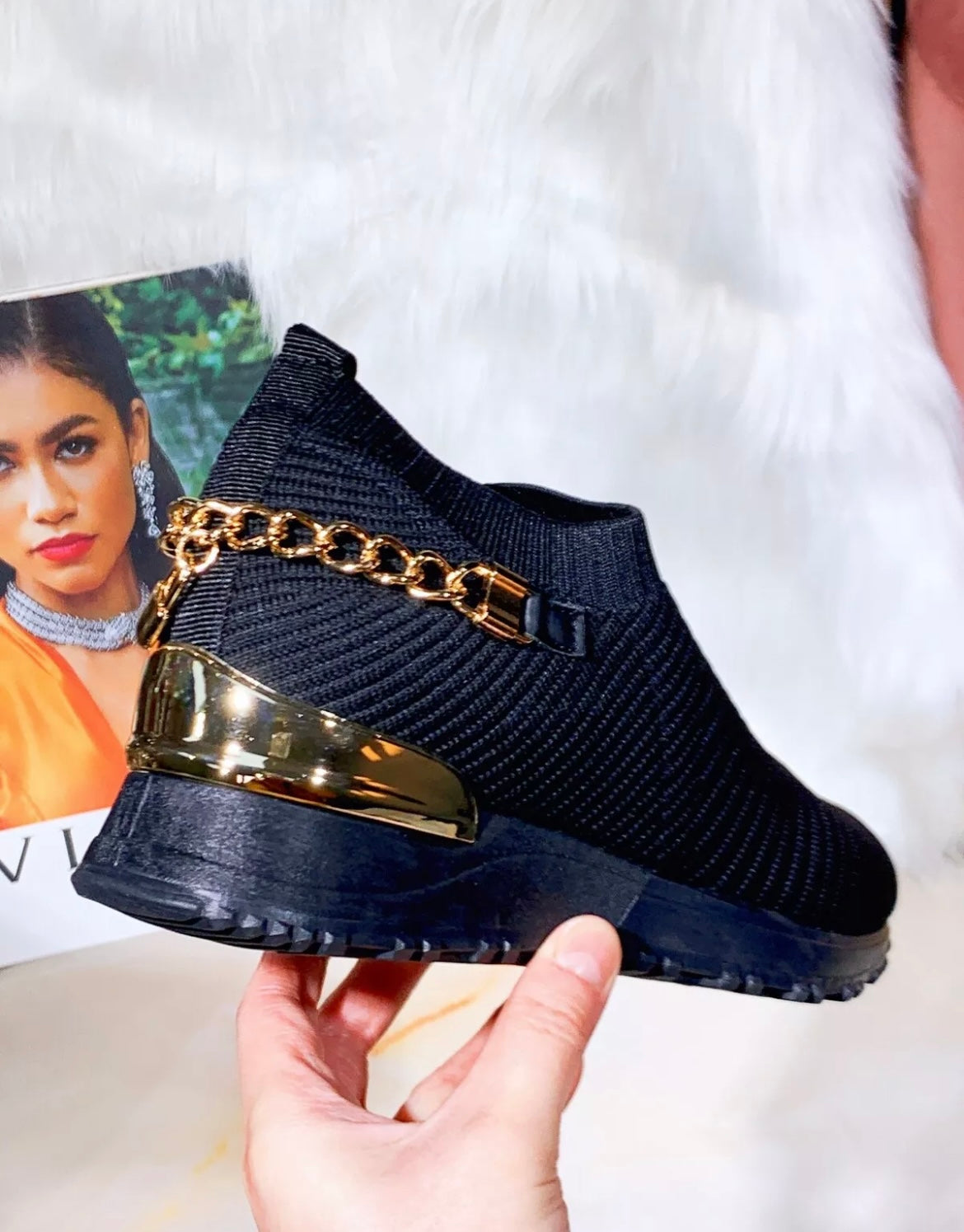 Fashion Knit Gold Chain Slip On Trainers