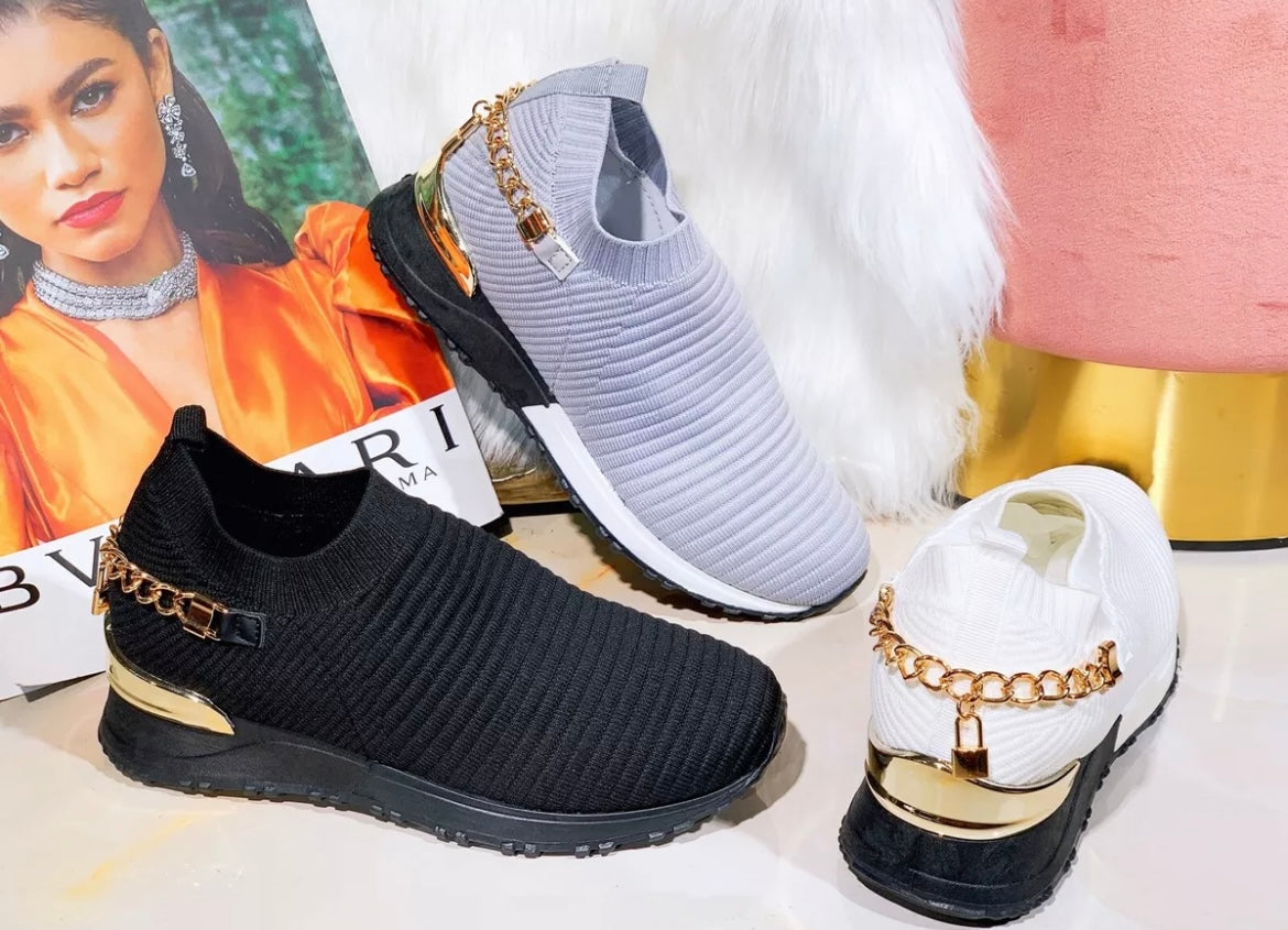 Fashion Knit Gold Chain Slip On Trainers