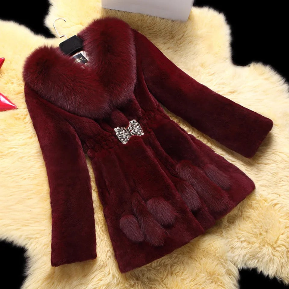 Diamanté Bow Belted Fur Coat