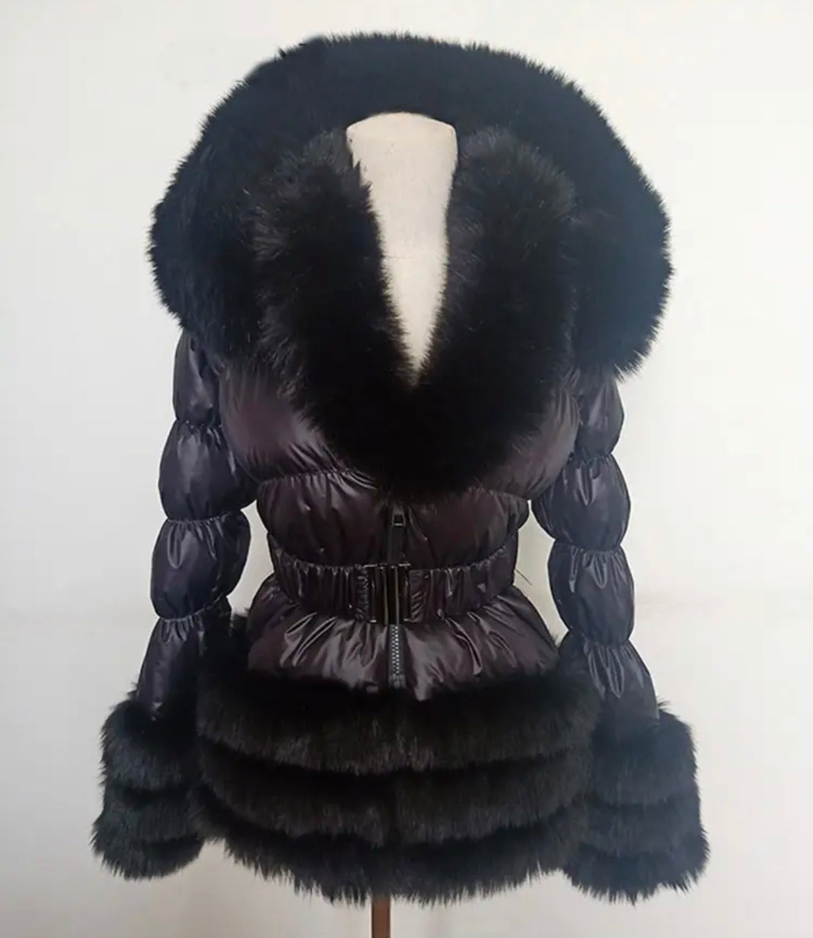 Faux Fur Puffer Belted Romany Style Coat