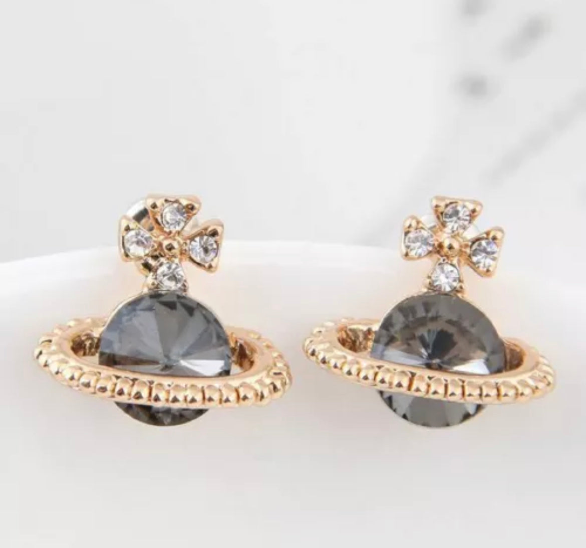 Grey Crystal Saturn Orb Earrings
