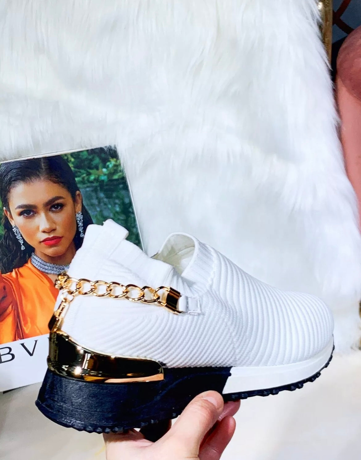 Fashion Knit Gold Chain Slip On Trainers