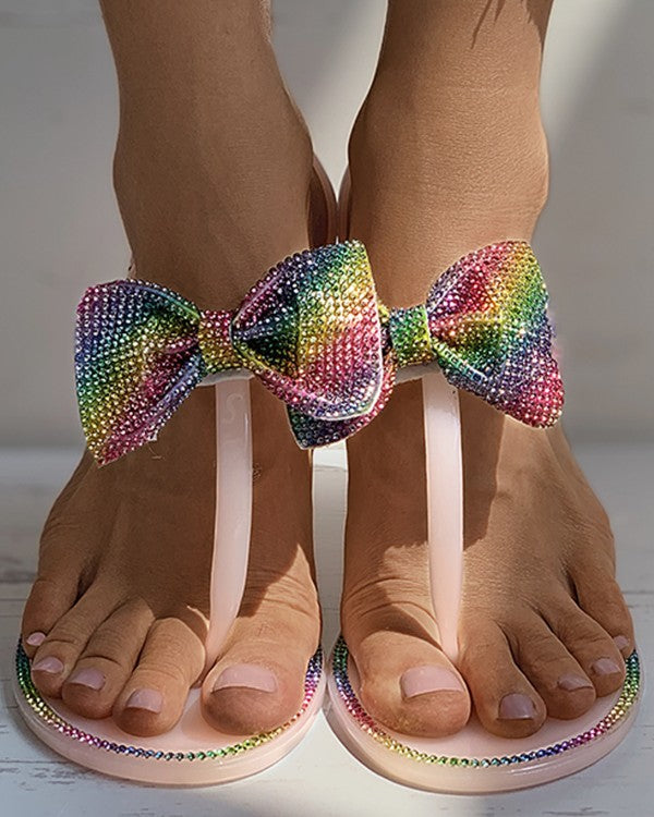 Bowknot Colorblock Rhinestone Flat Sandals