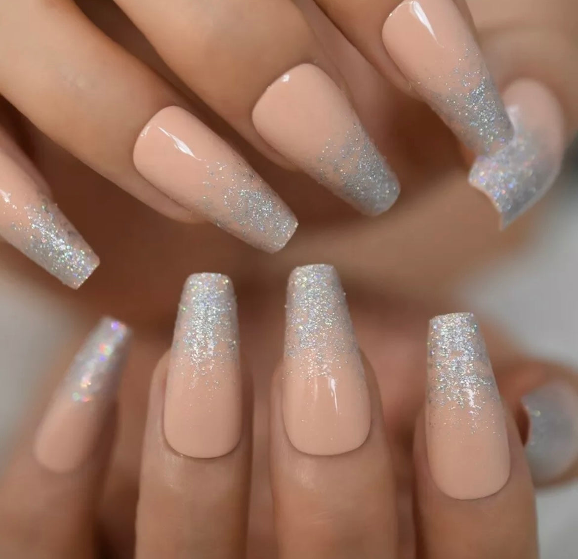Champagne Nude Glitter Tip Nails