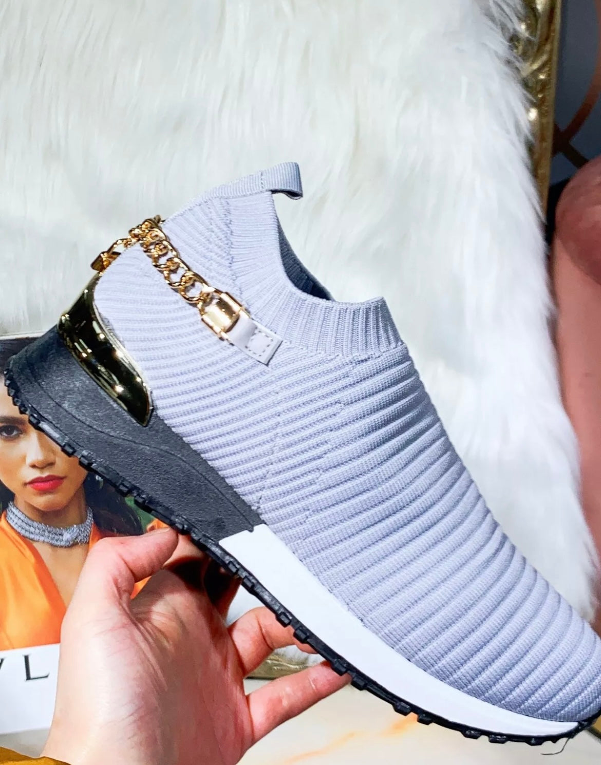 Fashion Knit Gold Chain Slip On Trainers