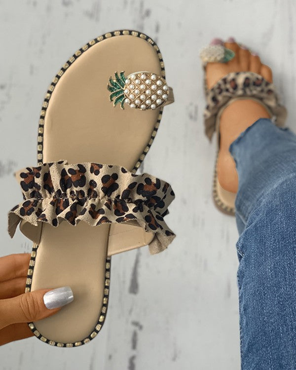 Pineapple Pattern Toe Ring Frill Hem Casual Sandals