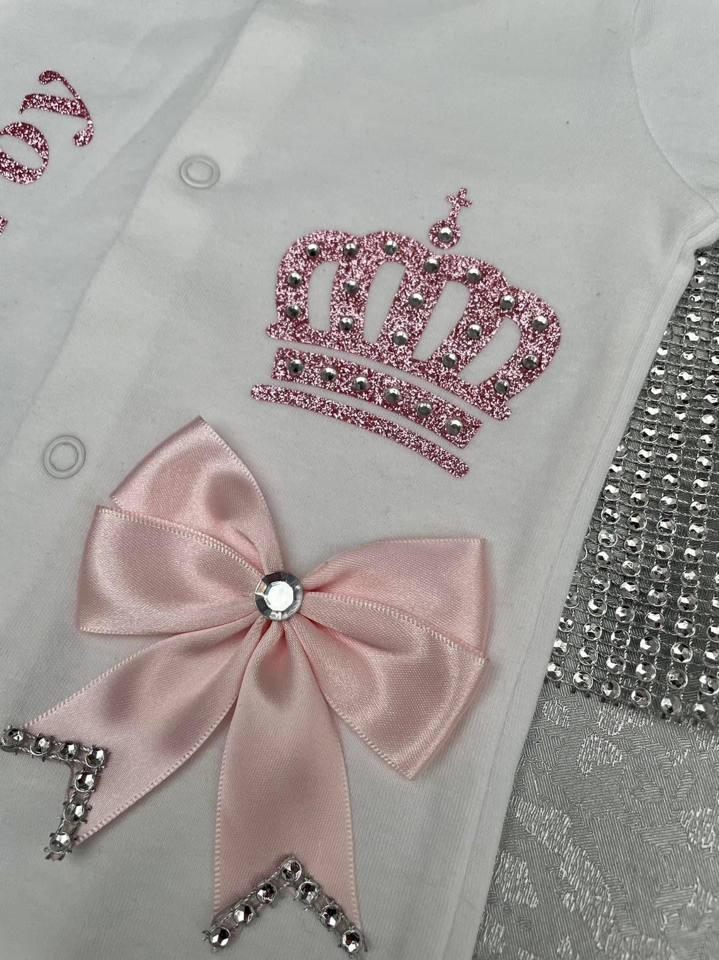 Baby Girls Pink Crown Personalised Sleepsuit