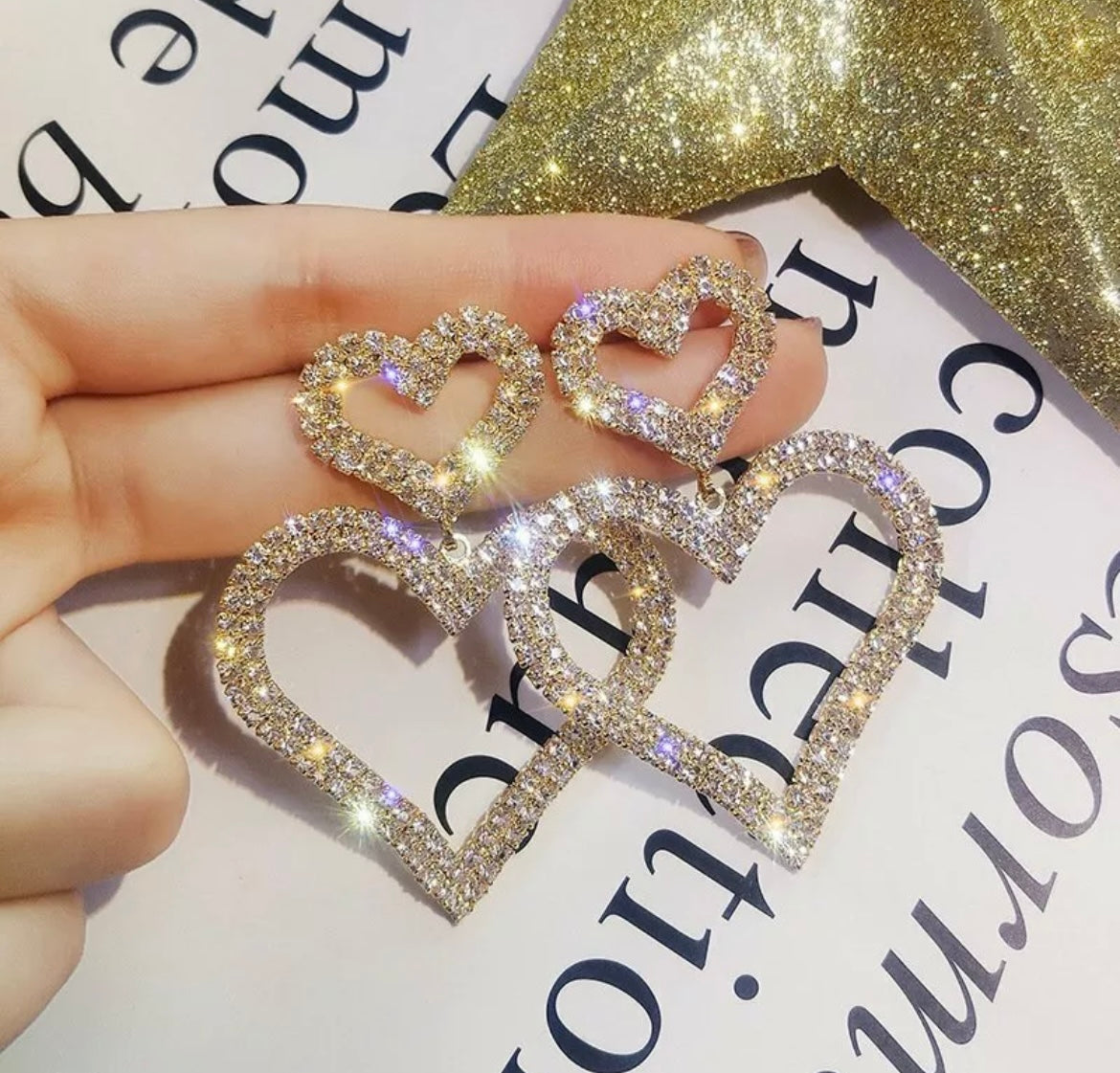 Crystal Double Heart Dangle Earrings