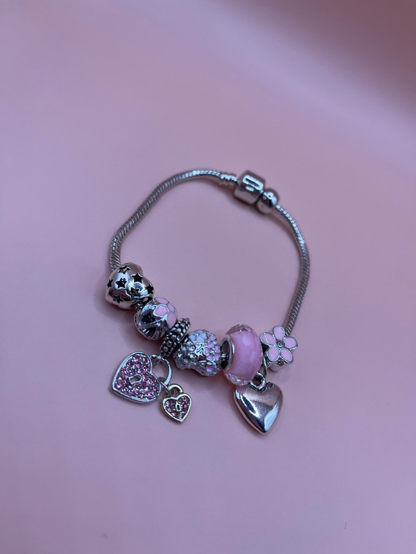 Pink Heart & Flowers Charm Bracelet