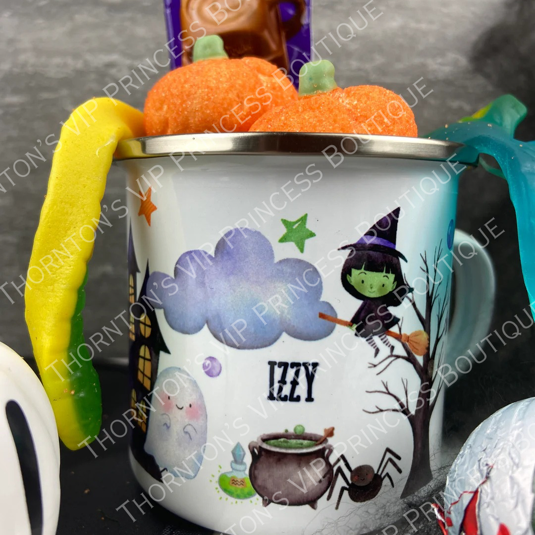 Personalised Haunted House Halloween Enamel Mug With Treats