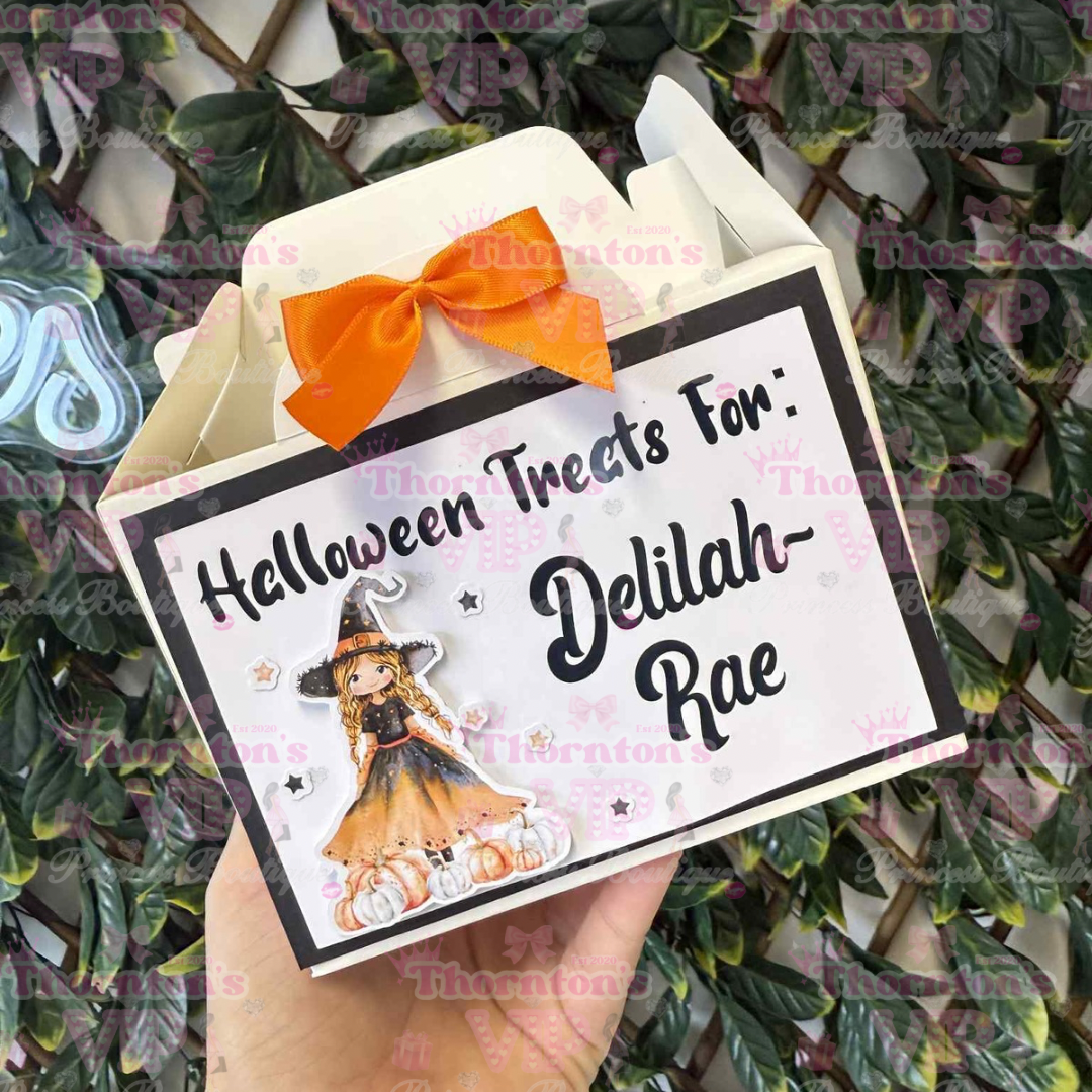 Personalised Halloween Treat Boxes with Bow – Flat Packed Party Favour Boxes in Multiple Designs
