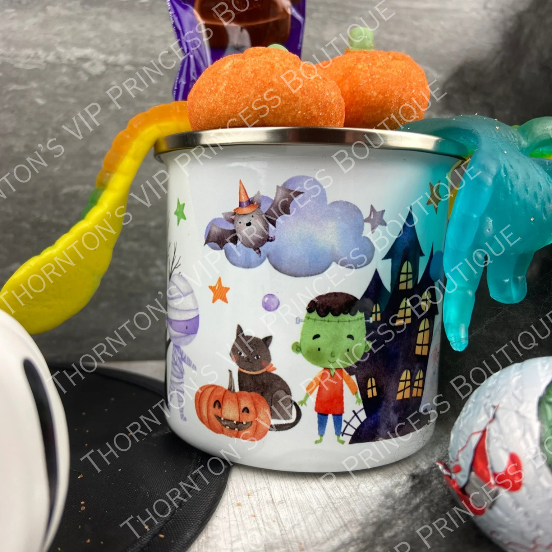 Personalised Haunted House Halloween Enamel Mug With Treats