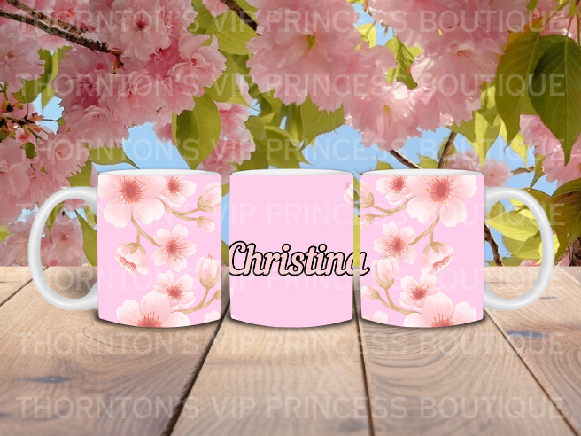 Pink Cherry Blossom Custom Name Mug