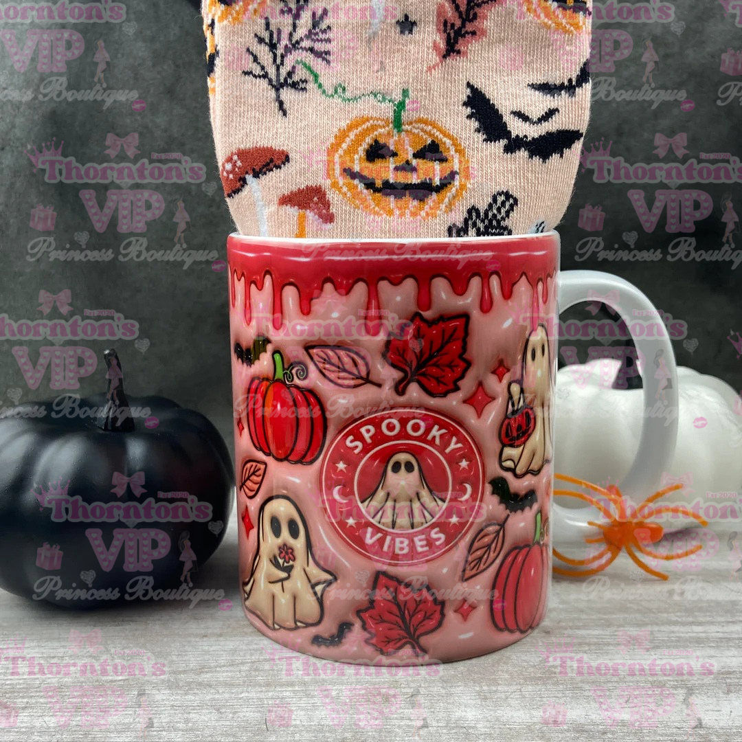Spooky Vibes 3D Halloween Mug & Socks Gift Set – Orange or Pink Ghost Pumpkin Design