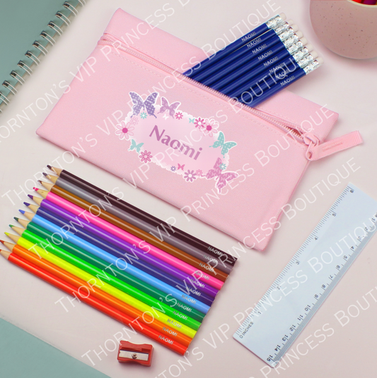 Pink Butterfly Pencil Case Set With Personalised Pencils & Crayons