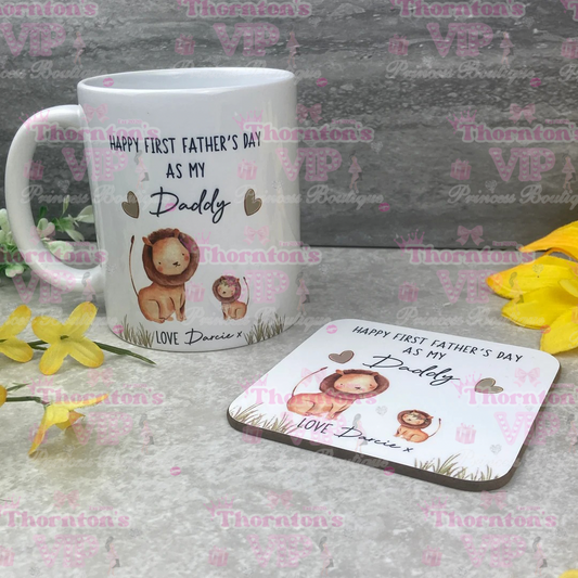 Personalised First Father’s Day Mug And Coaster Set – Lion Design Gift From Baby
