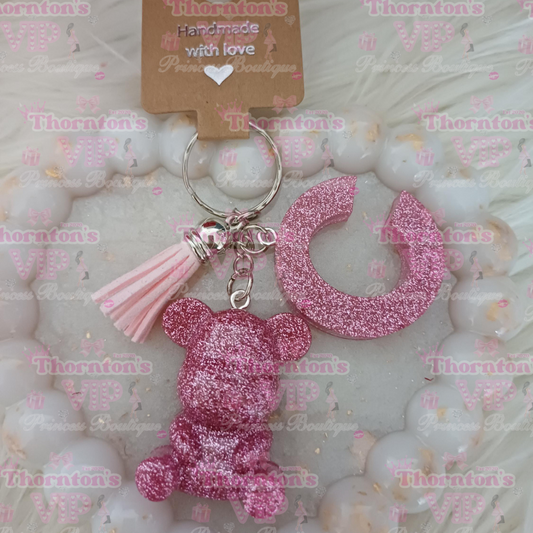 Personalised Glittery Resin Bear Initial Keyring – Custom Letter Charm Bag Accessory