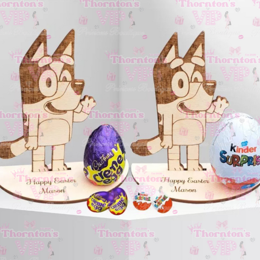 Personalised Cartoon Dog Easter Egg Holder With Chocolate Egg