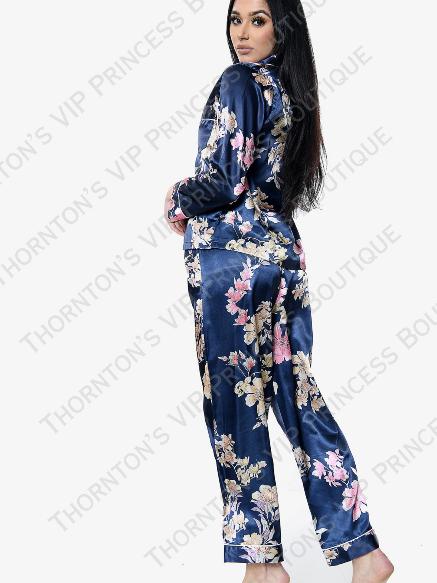 Blue Floral Print Satin Pyjama Set
