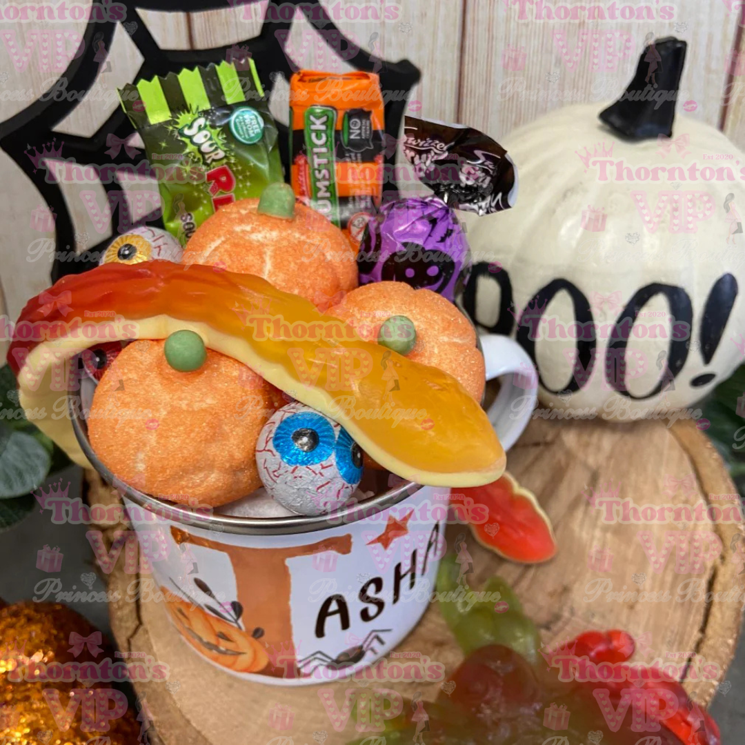 Personalised Halloween Enamel Mug with Sweets – Custom Initial & Name Gift (12oz)