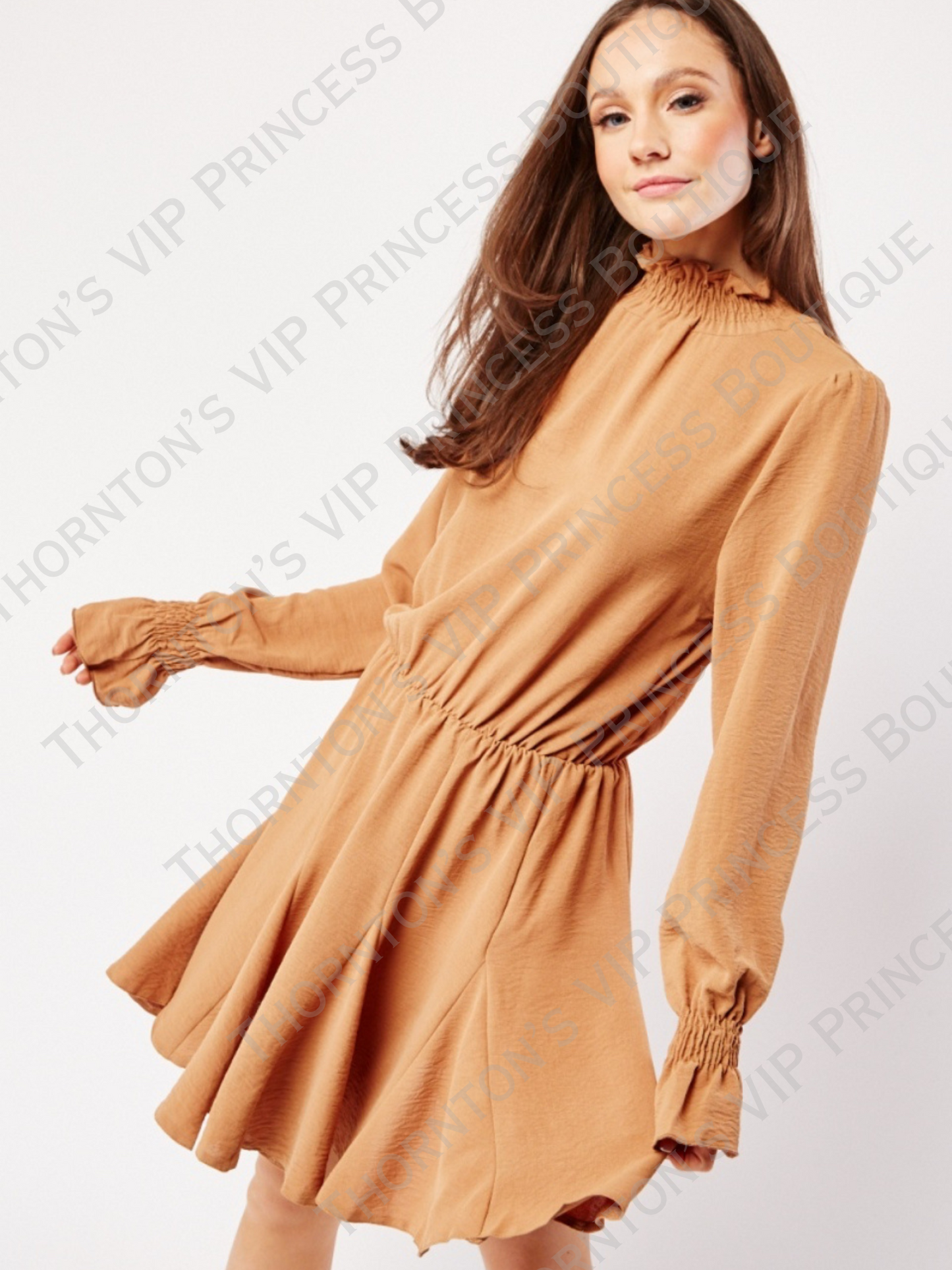 AXPARIS Frill Neck Camel Dress