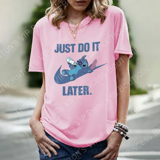 ‘Just Do It Later!’ Slogan Themed Monster Pink Ladies T-Shirt